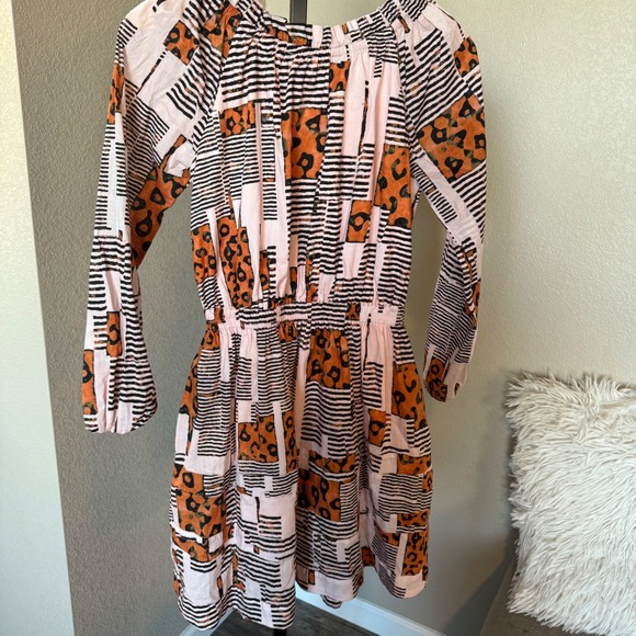 BURU Mini Dress Leopard Print‎ Long Sleeve Elastic Waist Pink Womens M Cotton - Picture 3 of 8